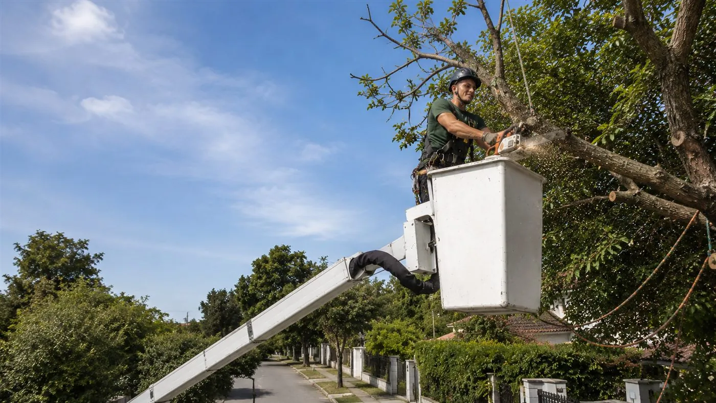 Hidroelevadora con la canasta elevada podando un árbol